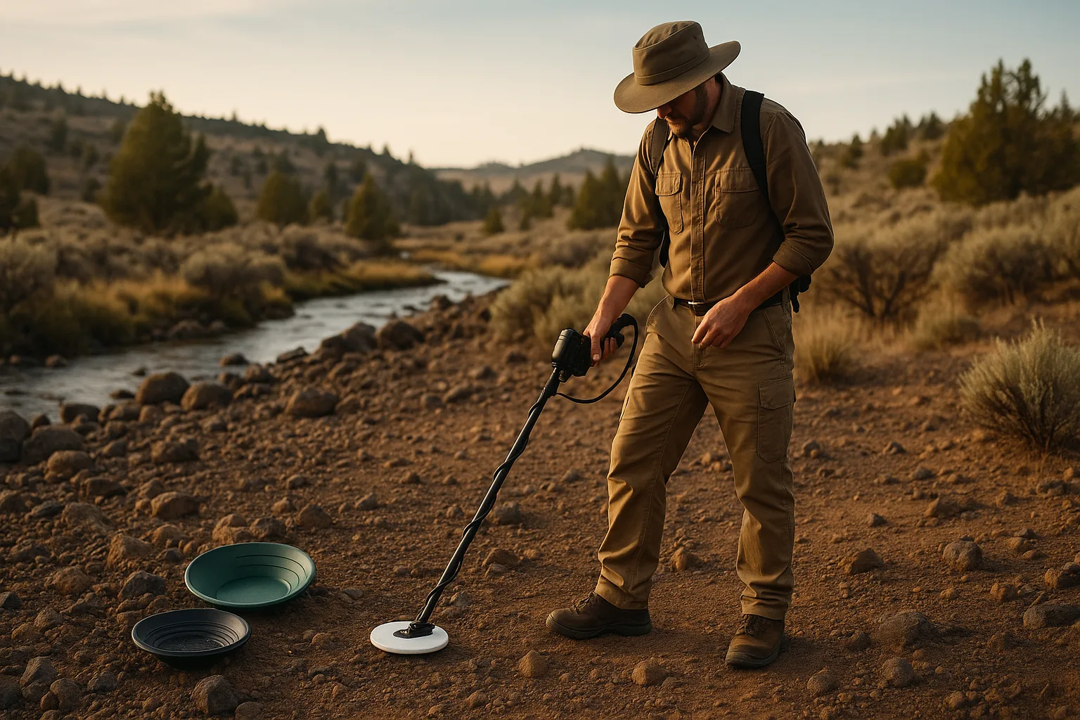 Metal detecting for gold nuggets in an Oregon high desert setting.
