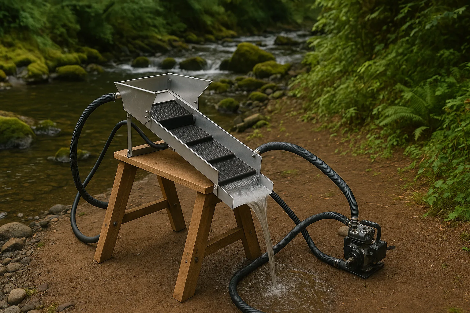 Portable mini high banker system set up next to a creek.