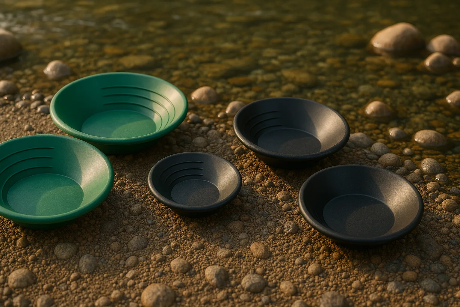 Different gold pan sizes and riffle styles on an Oregon riverbank.