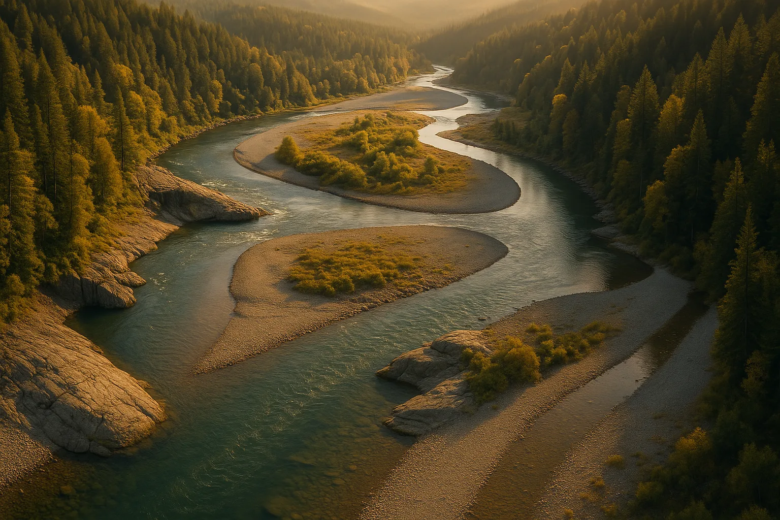 Inside bends and gravel bars along an Oregon river for gold deposition.