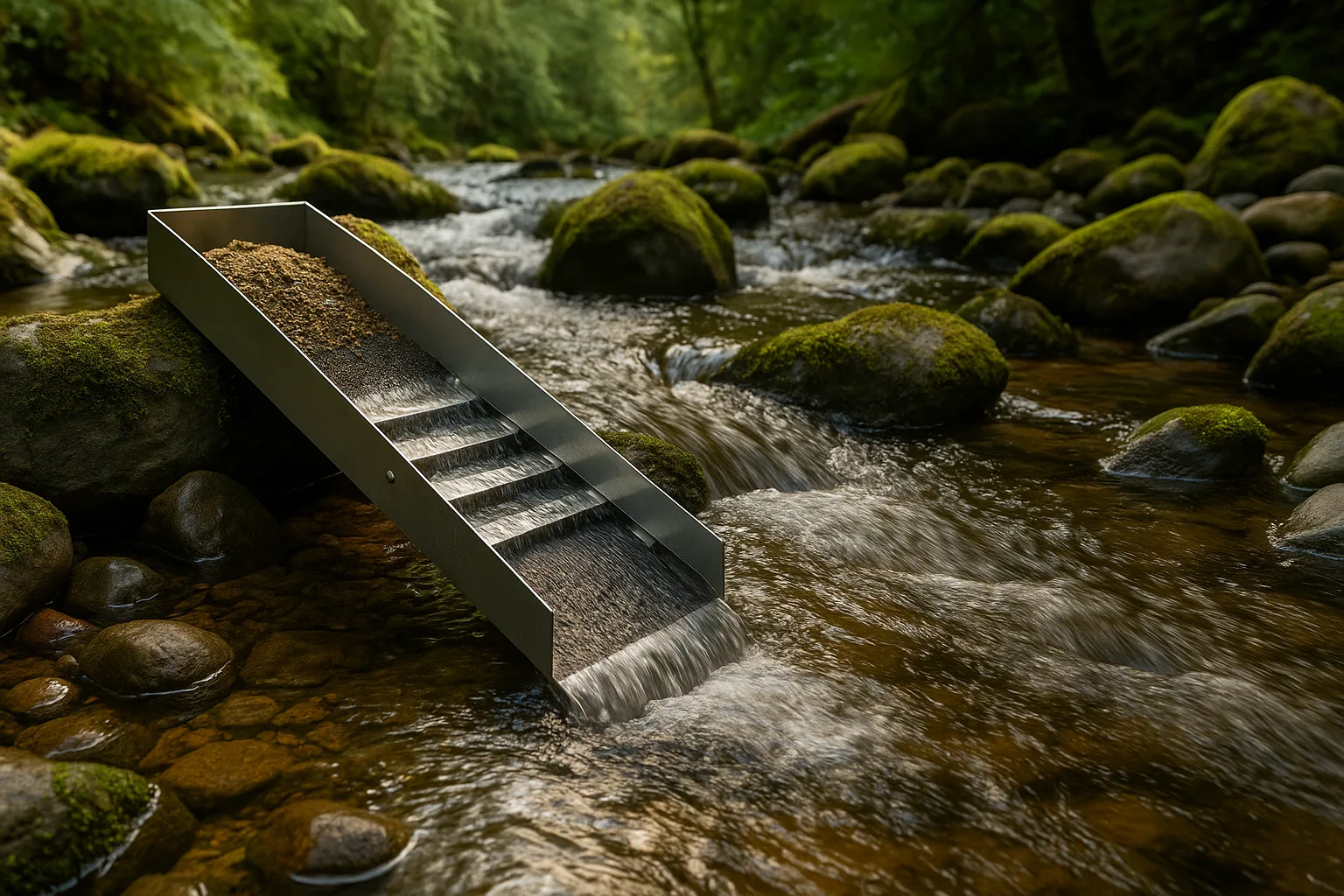 Sluice box running in a shallow Oregon creek capturing black sands.