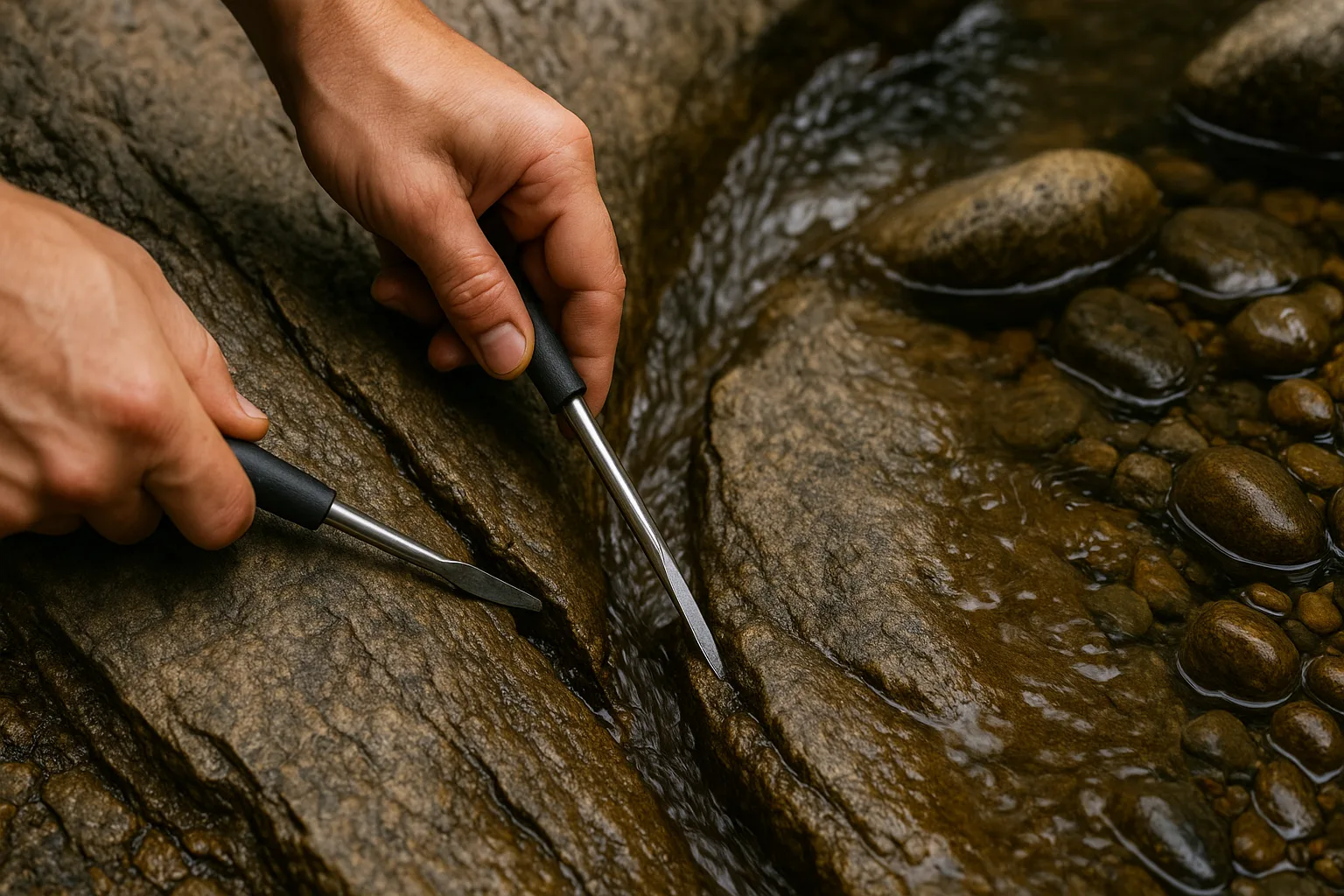 Using crevicing tools to clean bedrock cracks in a shallow creek.
