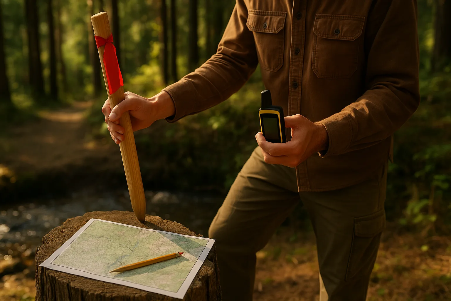 Marking mining claim corners using GPS and topo map.